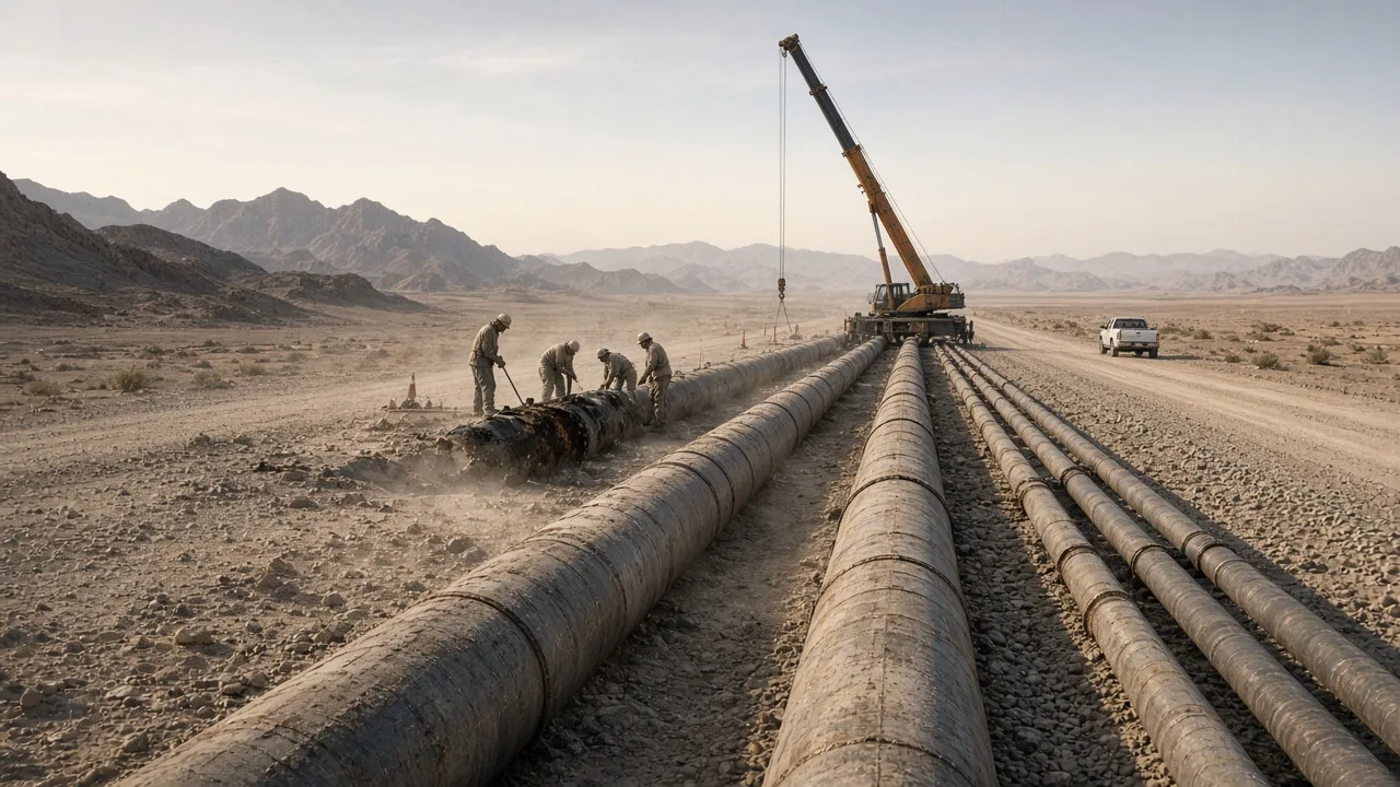 East-West crude pipeline across Saudi gravel toward mountains, a repair crew at a scorched section