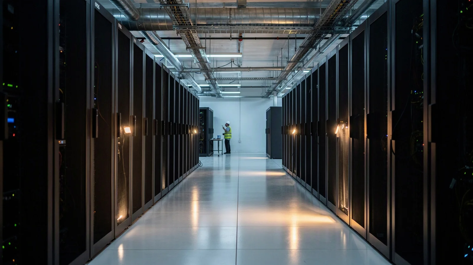 A modern computing hall with rows of dark server cabinets and a technician in the distance