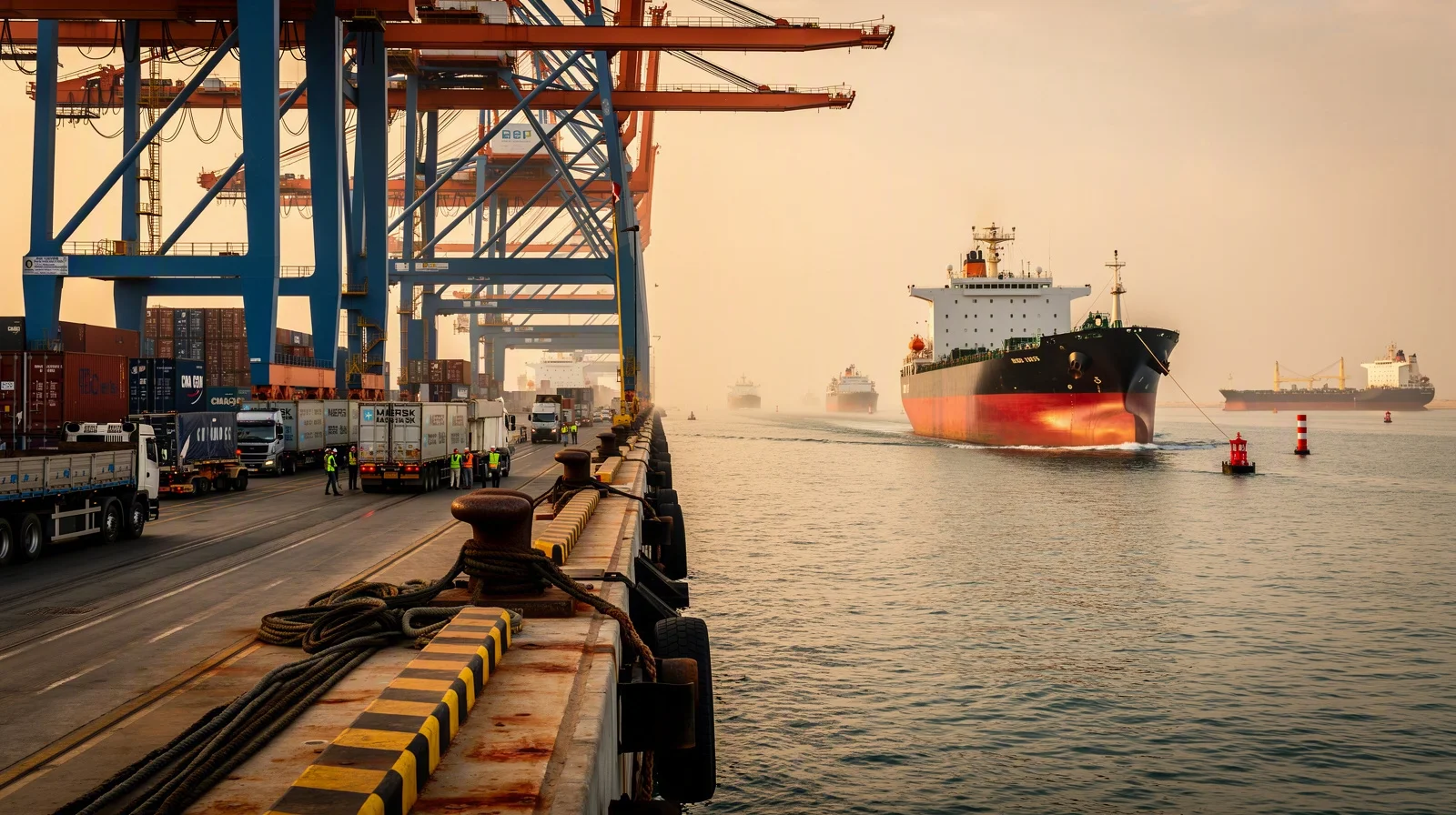 A Red Sea cargo berth and shipping lane with tanker arrival infrastructure and a grounded industrial atmosphere
