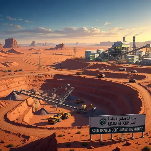 Industrial desert landscape representing Saudi Arabia's uranium mining ambitions and mineral resource development