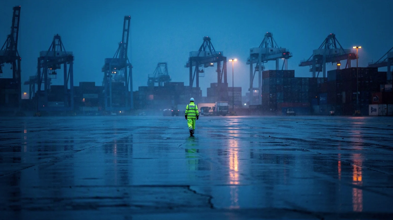 A cargo inspector walks beside container stacks at blue hour as a crane lifts freight above rain-slick pavement, cinematic editorial photography with no logos or text