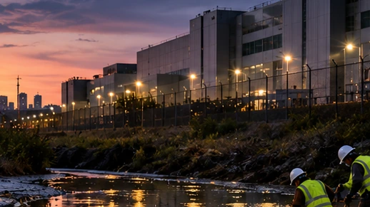 Environmental crews work beside an industrial creek after a diesel release near a data-center facility