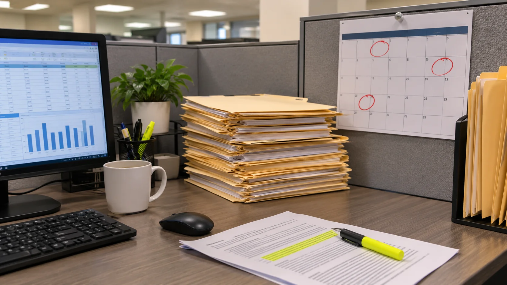 Loan officer cubicle with unrated credit files, a wall calendar marked Q2 repurchase window, and a printed bank leverage covenant highlighted in yellow