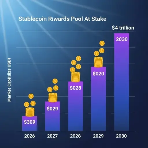 Ascending bar chart showing stablecoin market capitalization growth from $309B in 2026 to projected $4T by 2030, with dollar signs representing the annual rewards pool at stake