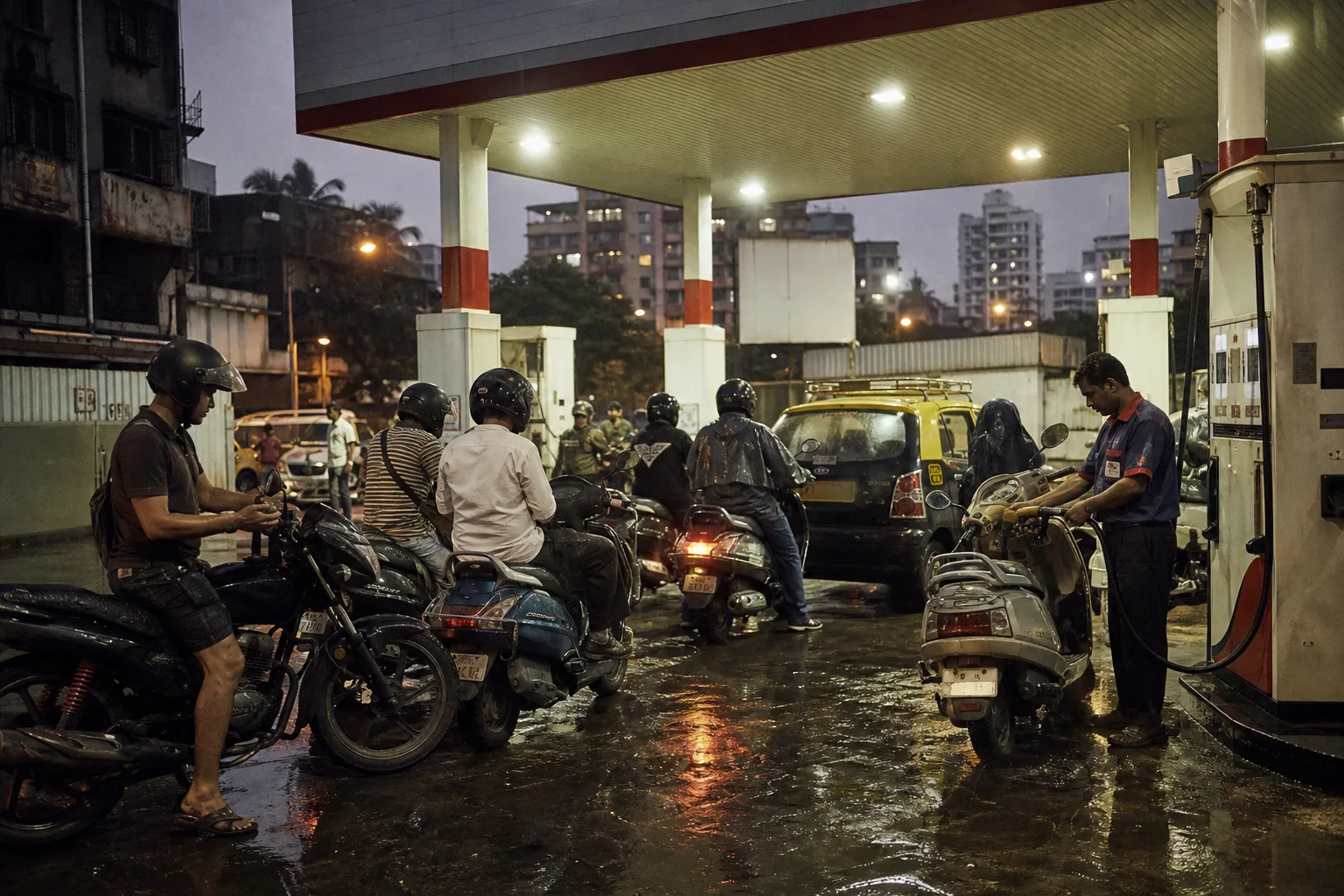 A Mumbai petrol pump at dusk, two-wheelers queued under a blank canopy as an attendant fills a scooter