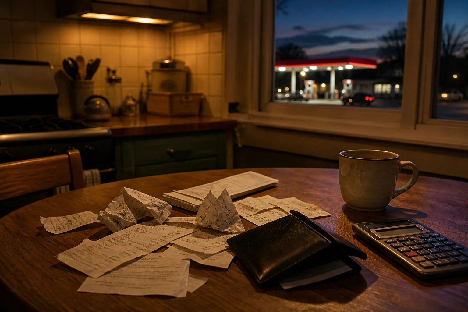 Kitchen table at dusk with scattered receipts, a calculator, and a cooling coffee mug, neighborhood gas-station canopy glowing through the window