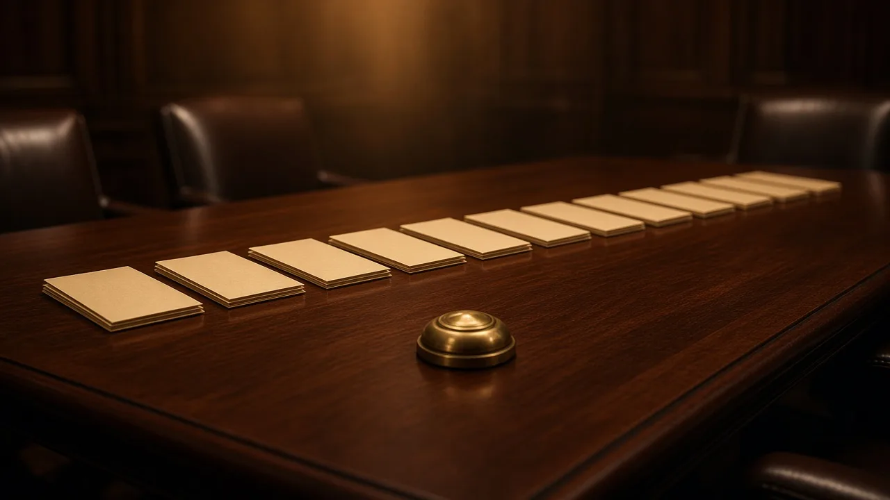 Eighteen manila folders in a single row on a conference table, the ninth pulled slightly forward