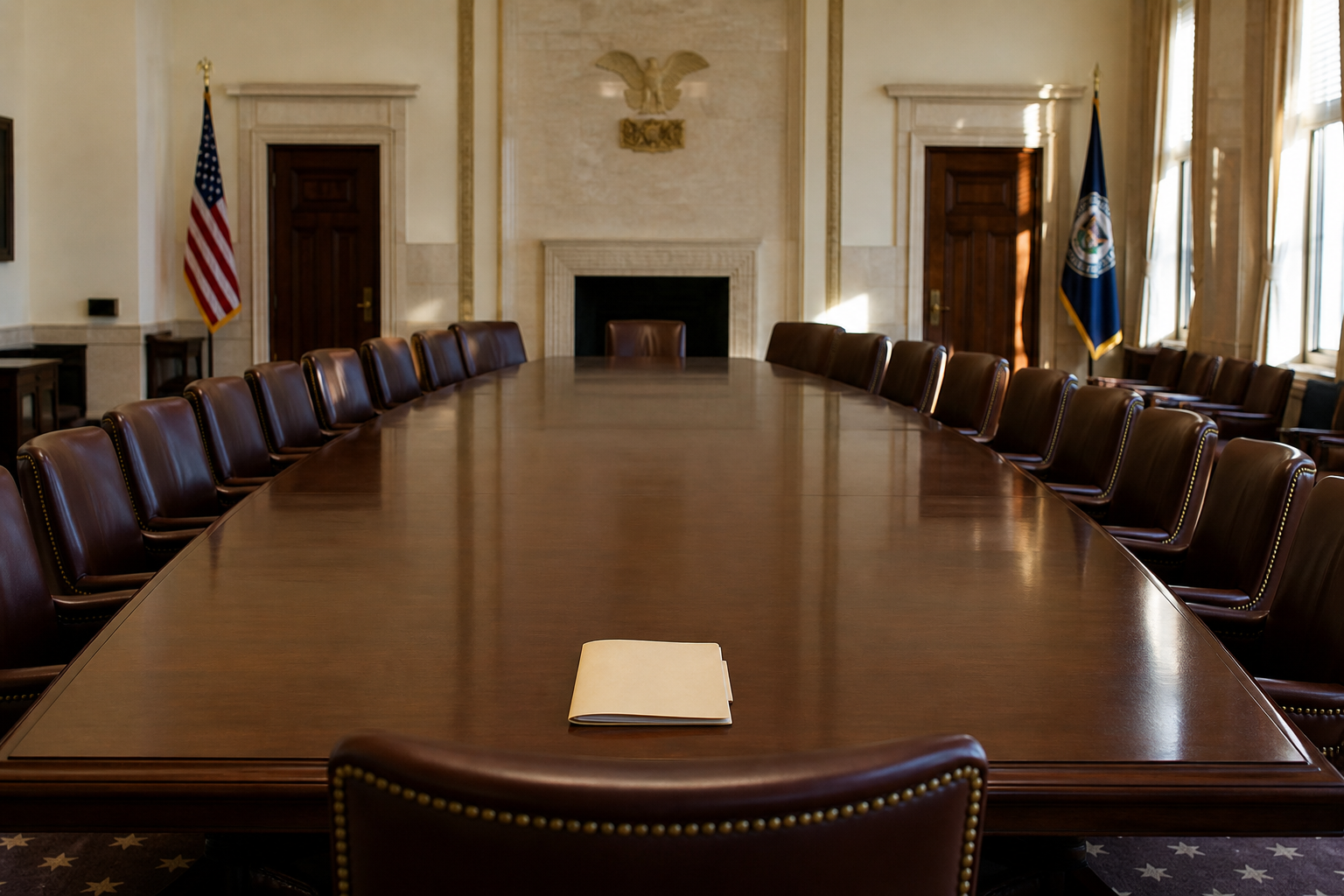 Empty Federal Reserve boardroom before a meeting: long mahogany table, leather chairs, single folder at the head, morning light through tall windows