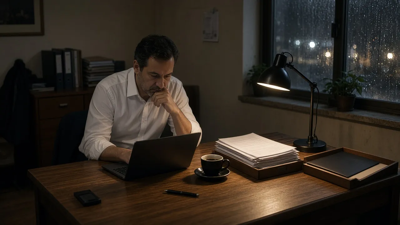 A hotel back office at night with OTA commission invoices in a tray and an empty direct-booking folder