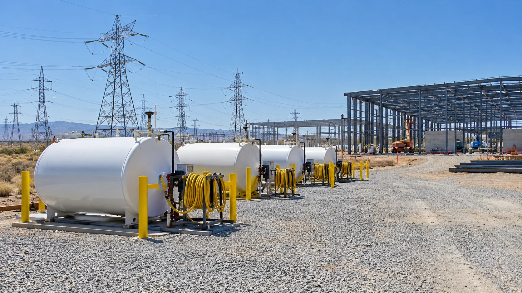 White cylindrical fuel storage tanks on a gravel pad beside lattice transmission towers feeding an unfinished GPU hall steel frame under midday sun