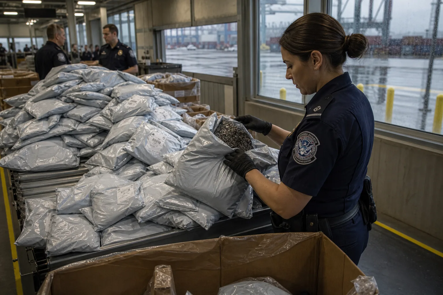 Customs warehouse conveyor belt stacked with small poly mailer parcels under cold industrial lighting