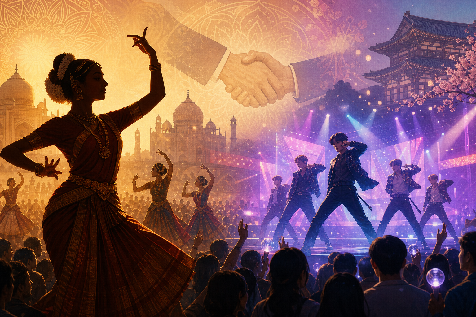 Illustration blending Indian and Korean cultural performance imagery for the Year of Friendship