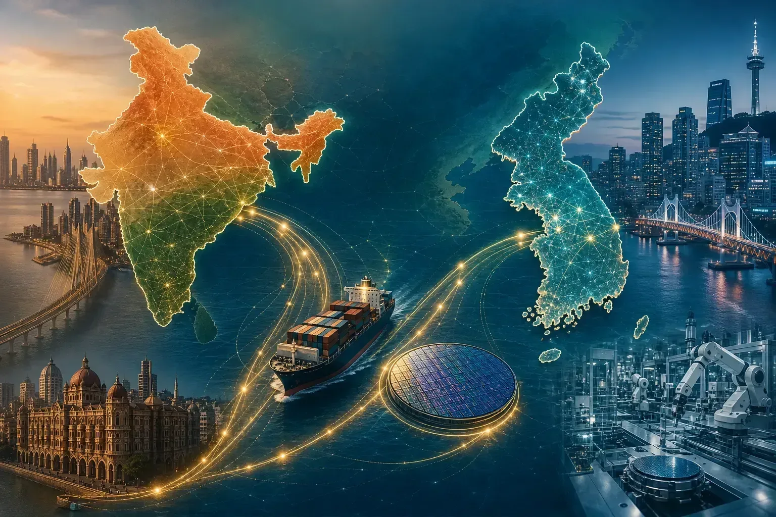 Illustration of India and South Korea connected by maritime and technology trade routes across the Indian Ocean