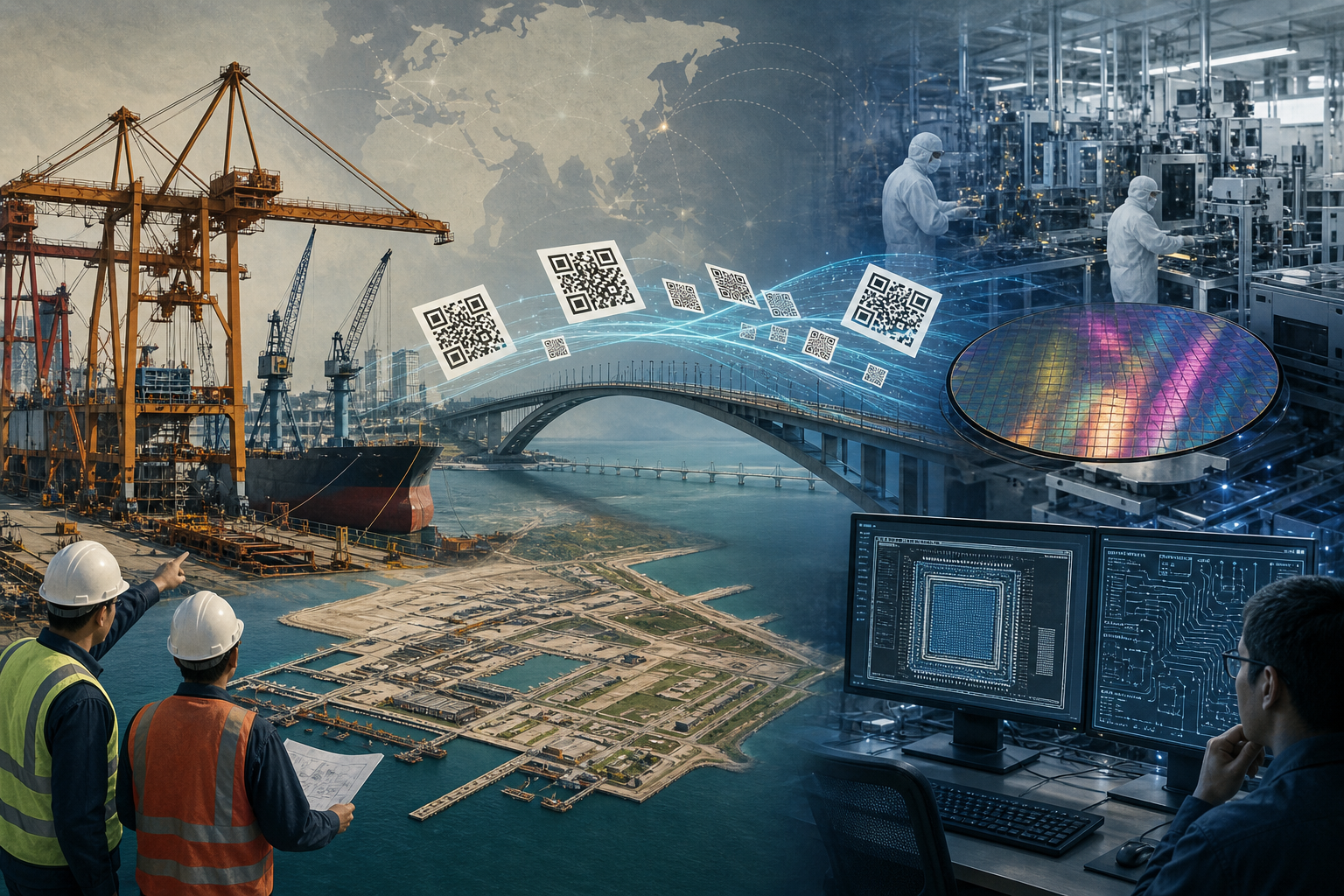 Illustration connecting shipyard infrastructure with semiconductor fabrication and digital payment rails