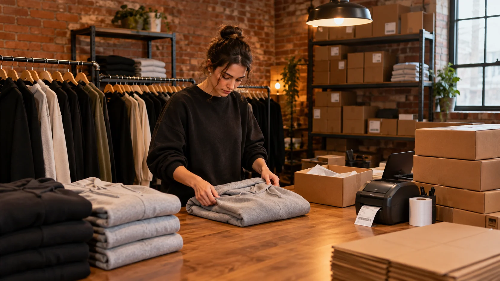 Independent apparel merchant folding orders beside a label printer and shipping boxes in a brick-walled studio