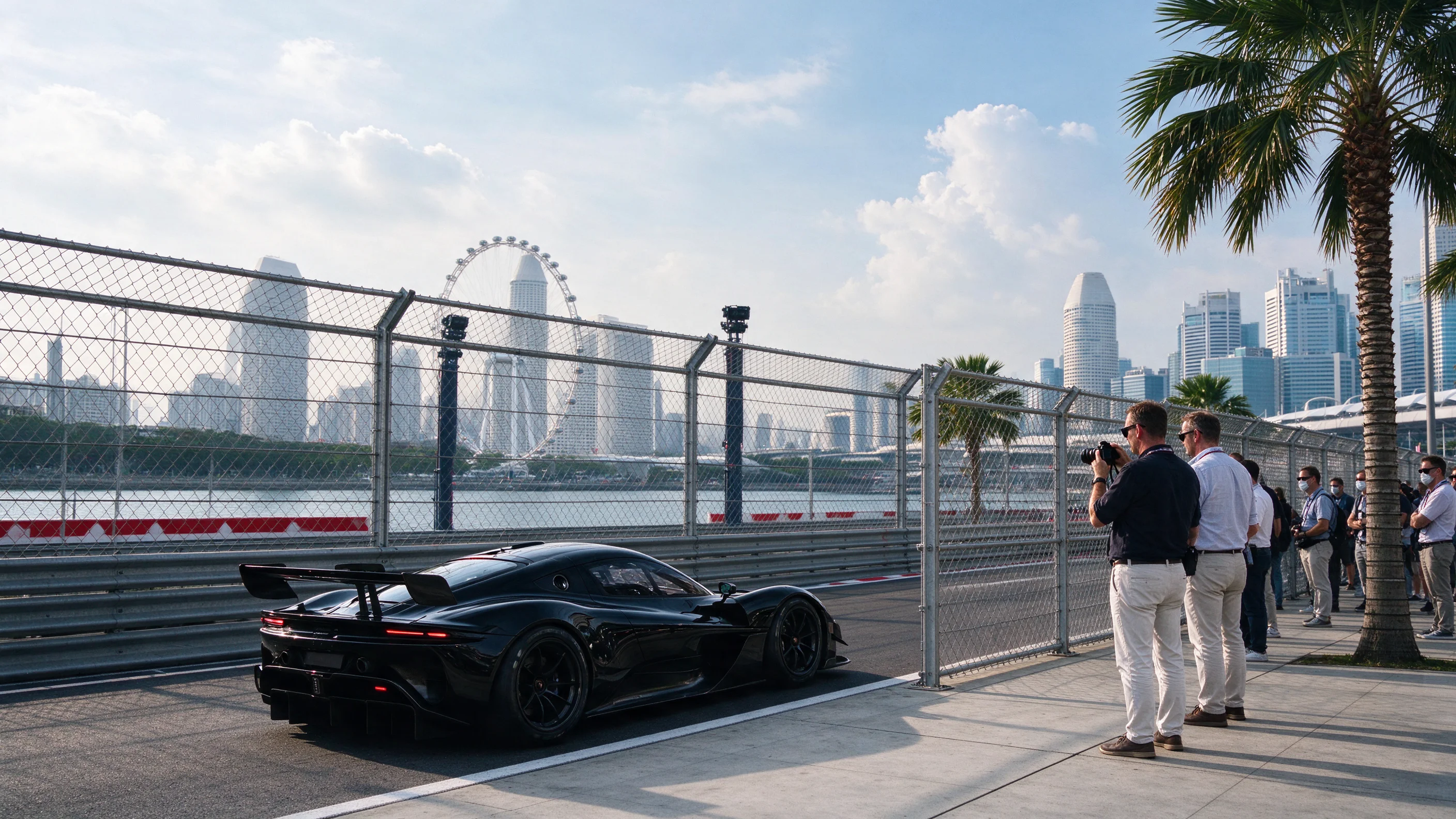 Afternoon along the Singapore waterfront promenade as spectators in sunglasses and light masks look toward a hazy skyline near race fencing