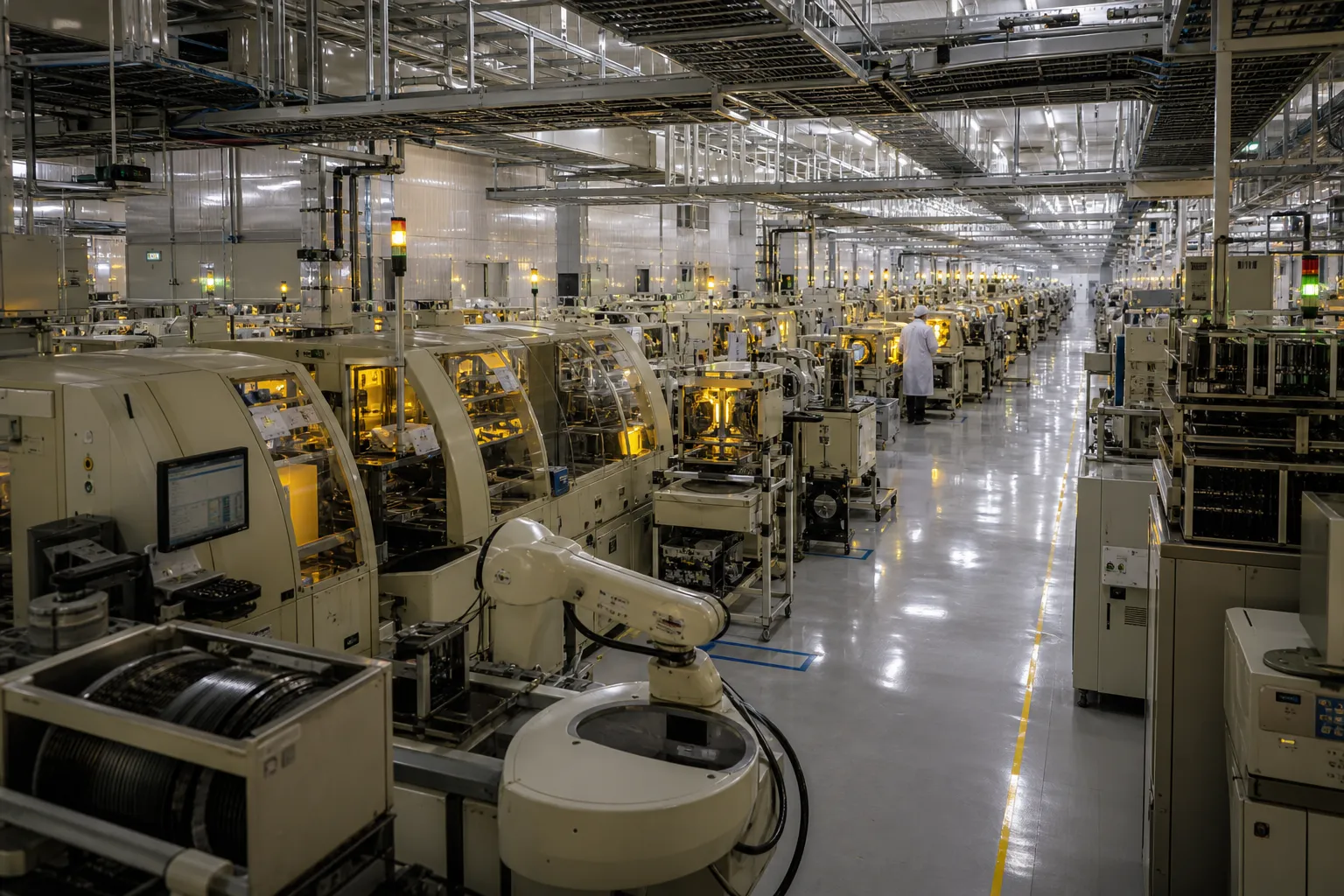 Night interior of a Singapore semiconductor backend hall with automated pick-and-place lines and white-smocked technicians in the middle distance