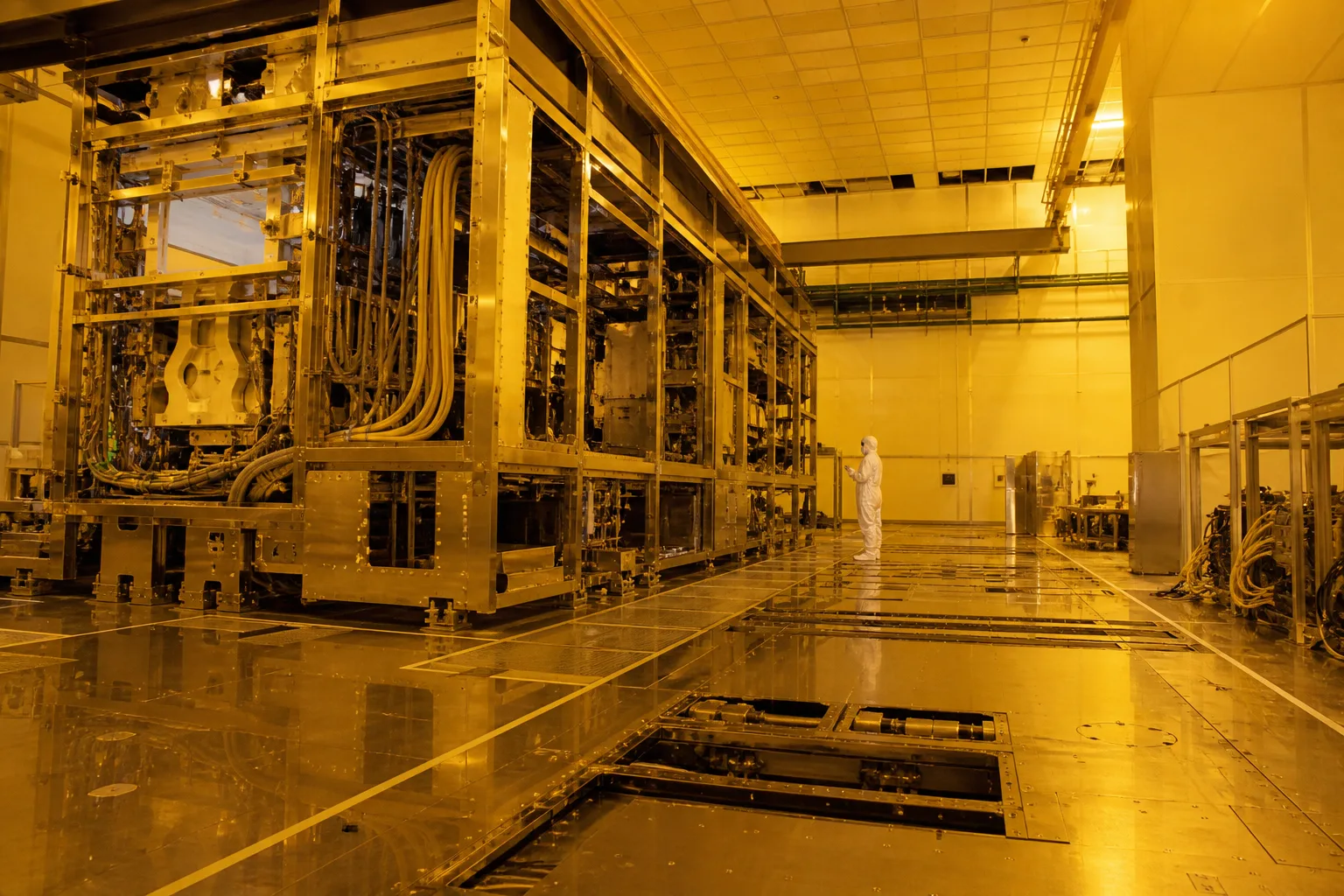 Amber cleanroom with an unfinished semiconductor tool bay, yellow umbilicals, and a lone technician in a bunny suit