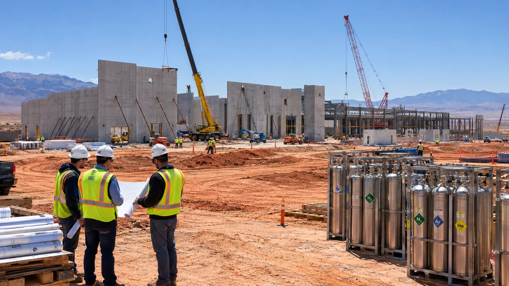 NAND fabrication campus under construction in the American West, cranes over a graded pad and blueprint review beside gas cylinders
