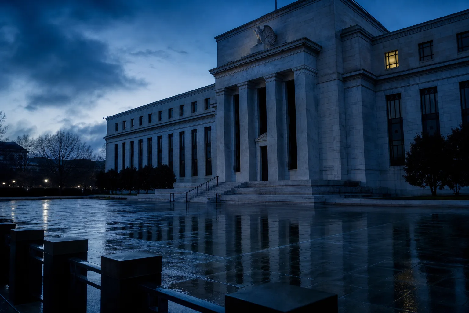 Pre-dawn neoclassical Federal Reserve–like facade with wet plaza reflections and one lit upper window