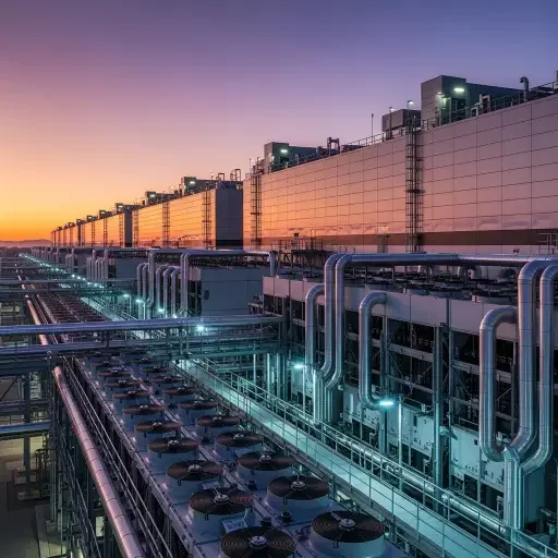 Exterior of a modern hyperscale data center complex at dusk, rows of cooling infrastructure lit against a purple sky.