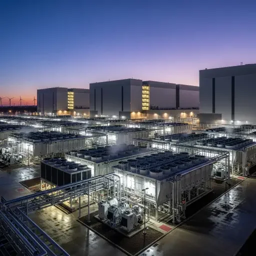 Exterior of a modern hyperscale data center complex at dusk, rows of cooling infrastructure lit against a purple sky