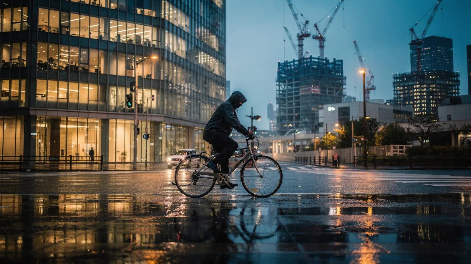 A lone cyclist moves through a wet Tokyo business district beneath construction cranes and softly lit office towers at blue hour, no logos or text