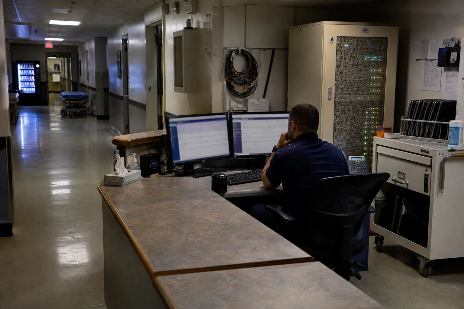 Night-shift hospital IT technician at a basement service desk with ticket monitors and a beige equipment cabinet