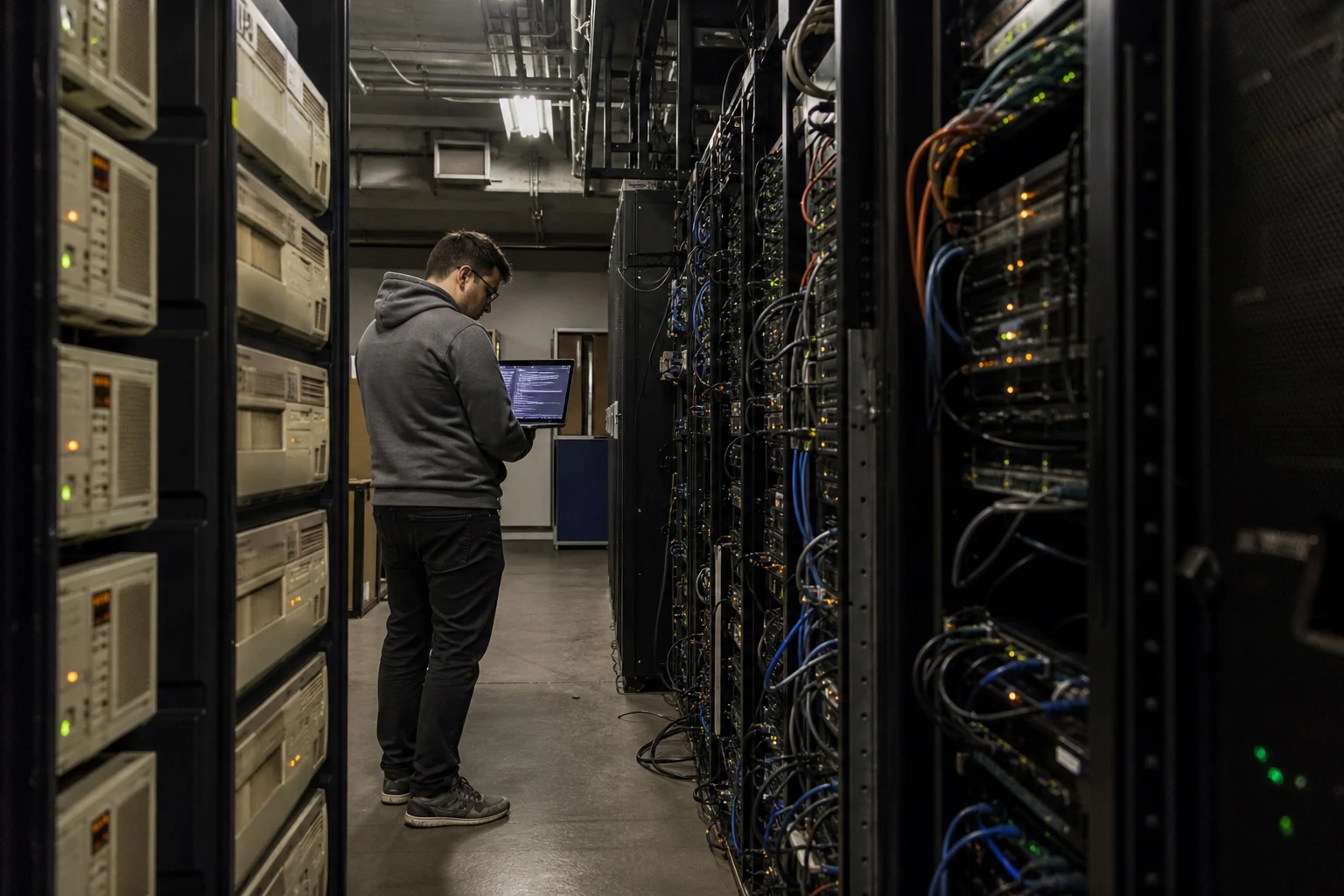 A narrow aisle of test servers with amber LEDs, one engineer walking the rack with a laptop