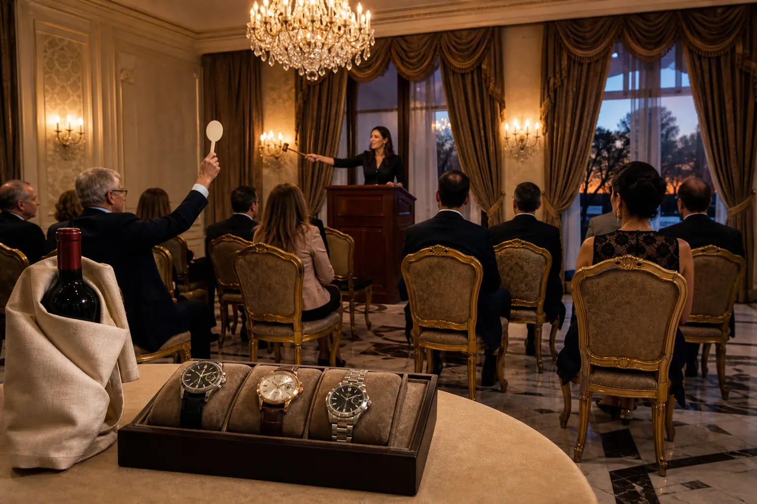 Evening auction in a hotel ballroom, gavel raised, unlabeled watches and a wine bottle on a foreground table