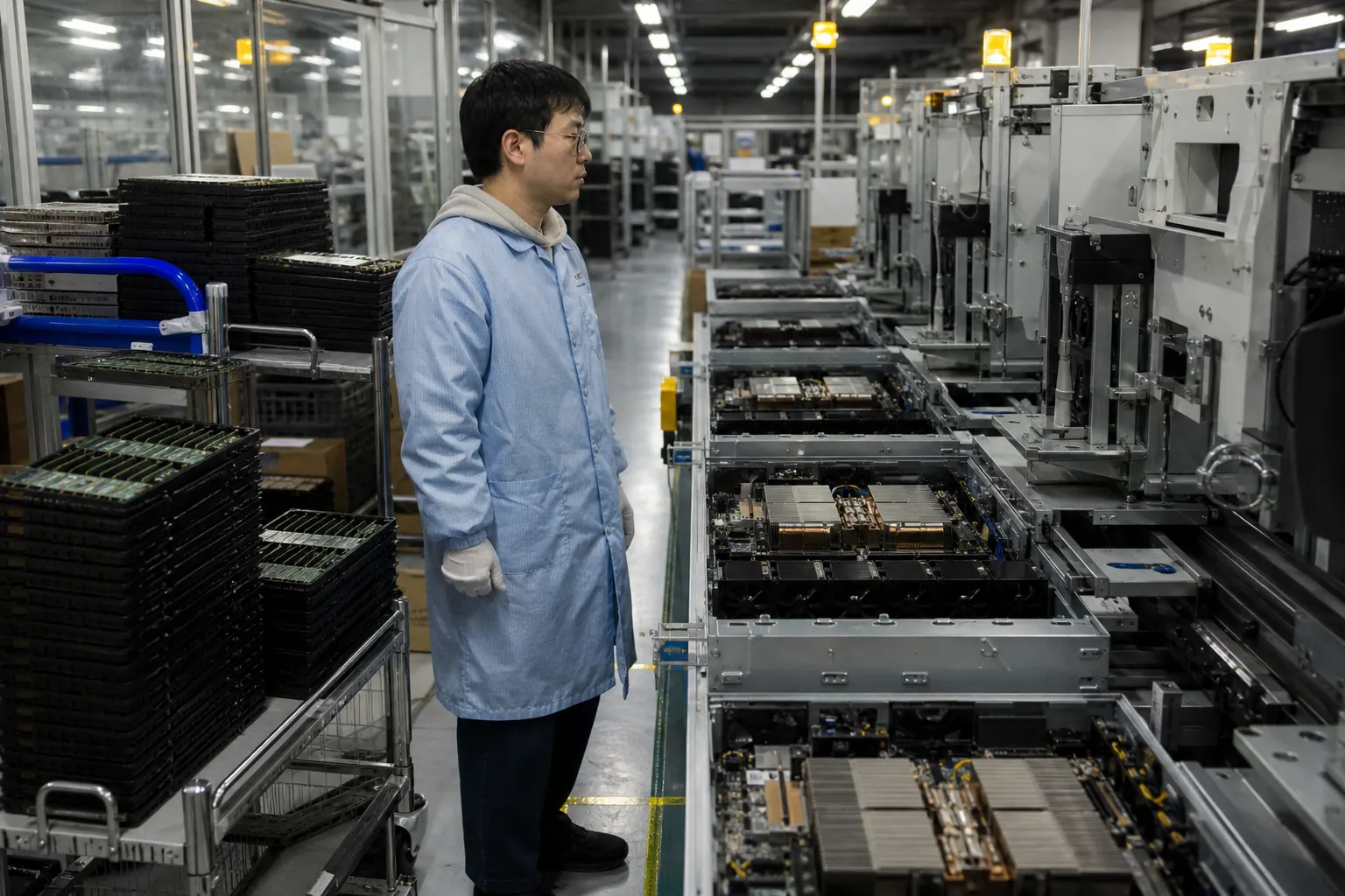 Open AI server chassis on an assembly line waiting on stacked memory-module trays