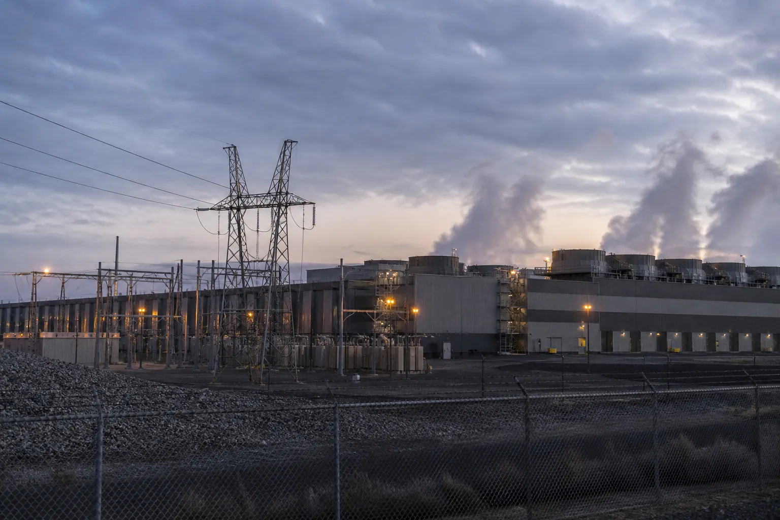 Dusk industrial compute campus with cooling towers, vapor plumes, and power infrastructure