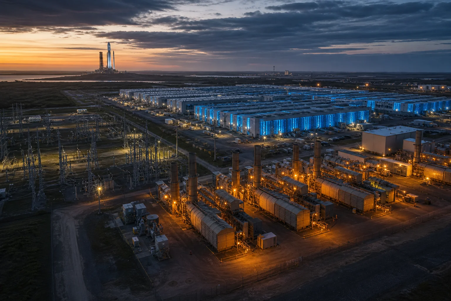 Industrial AI data-center campus at dusk beside gas turbines and substations, with a distant rocket pad silhouette