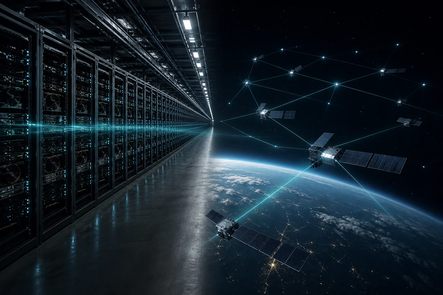 Split view of dense GPU server rows bridging toward a low-Earth-orbit satellite mesh with laser interlinks