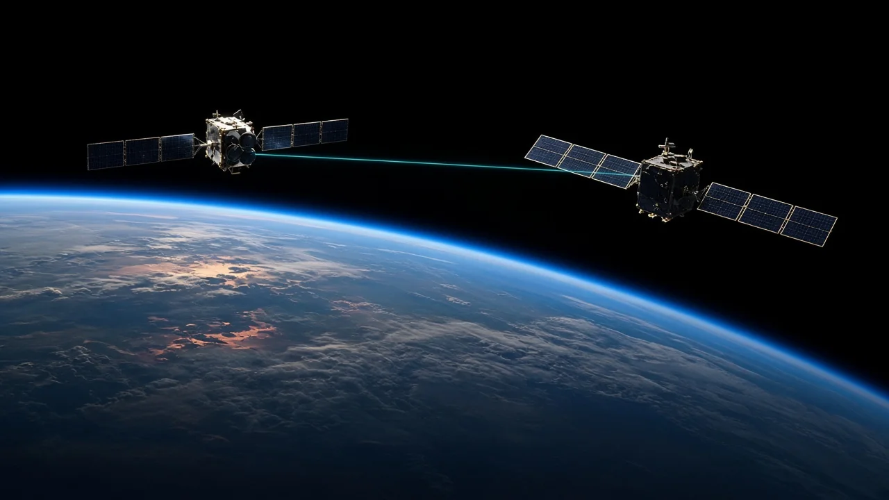 Two low-Earth-orbit satellites exchanging a faint laser link above Earth's limb at twilight