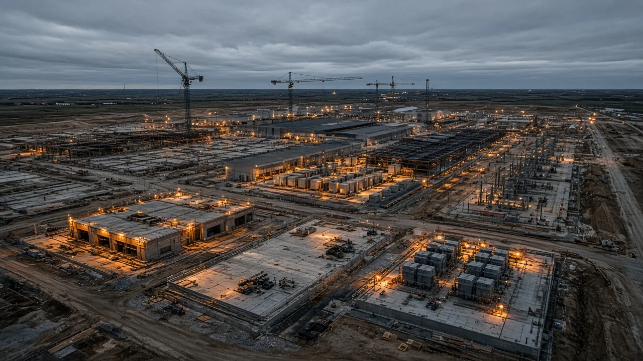 Cranes and generator yards at a hyperscale data center campus under construction, seen from an oblique aerial angle at dusk