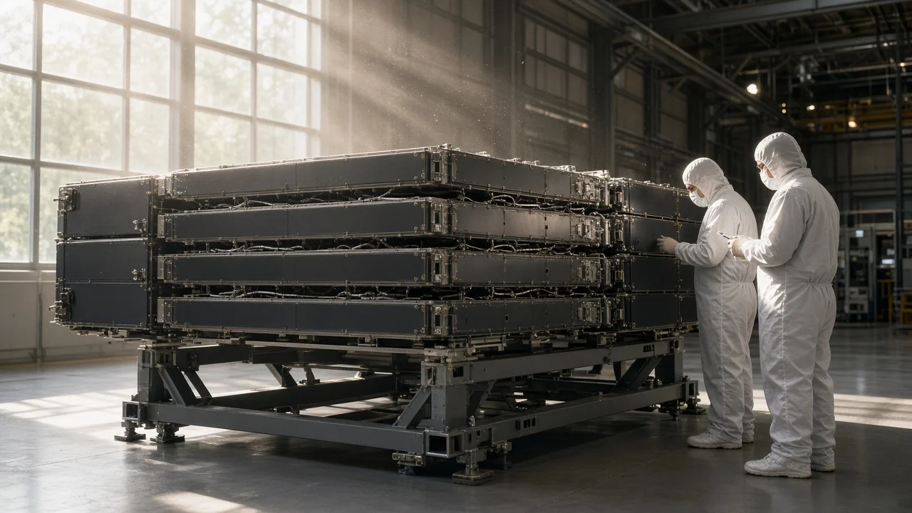 Engineers in clean suits inspect flat satellite buses on a work stand in a sunlit aerospace integration hall