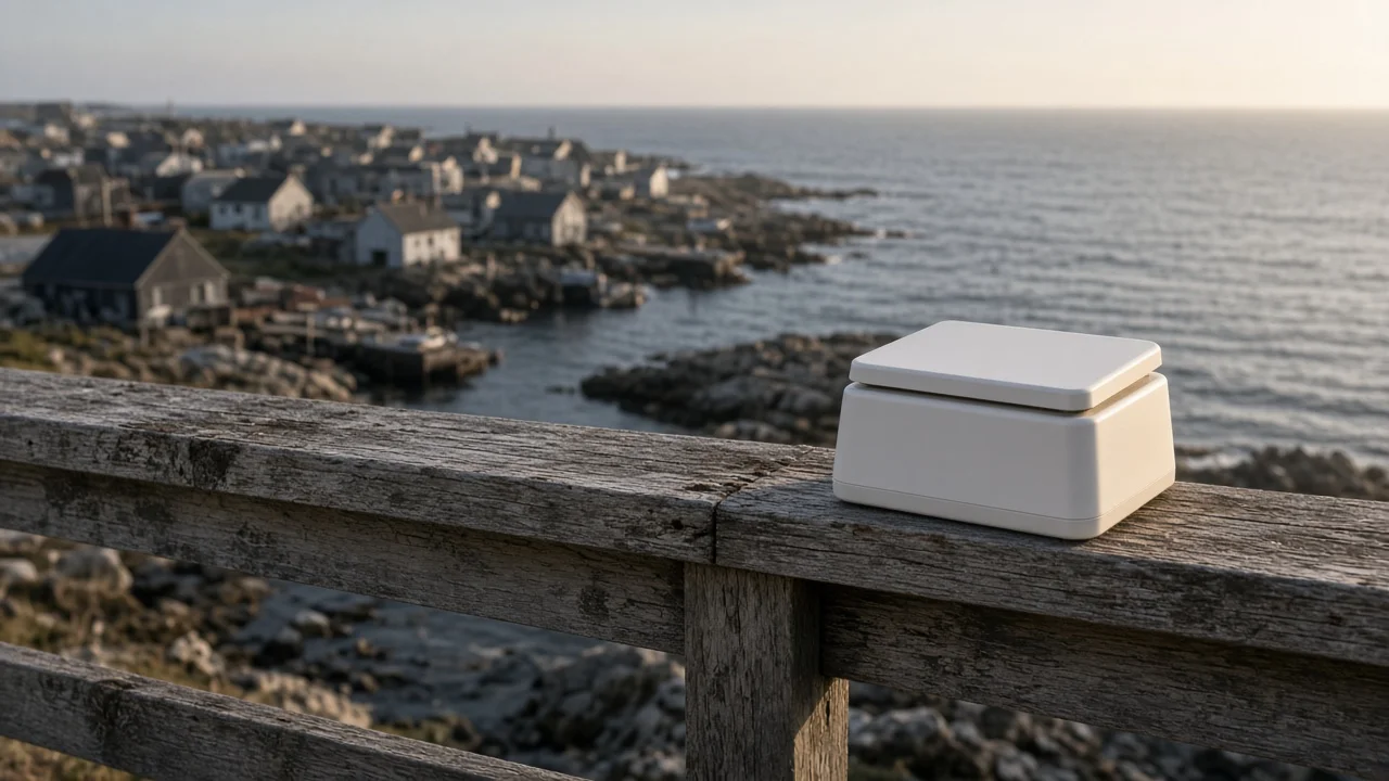 A white satellite internet terminal on a weathered coastal porch railing at golden hour, ocean and fishing village behind