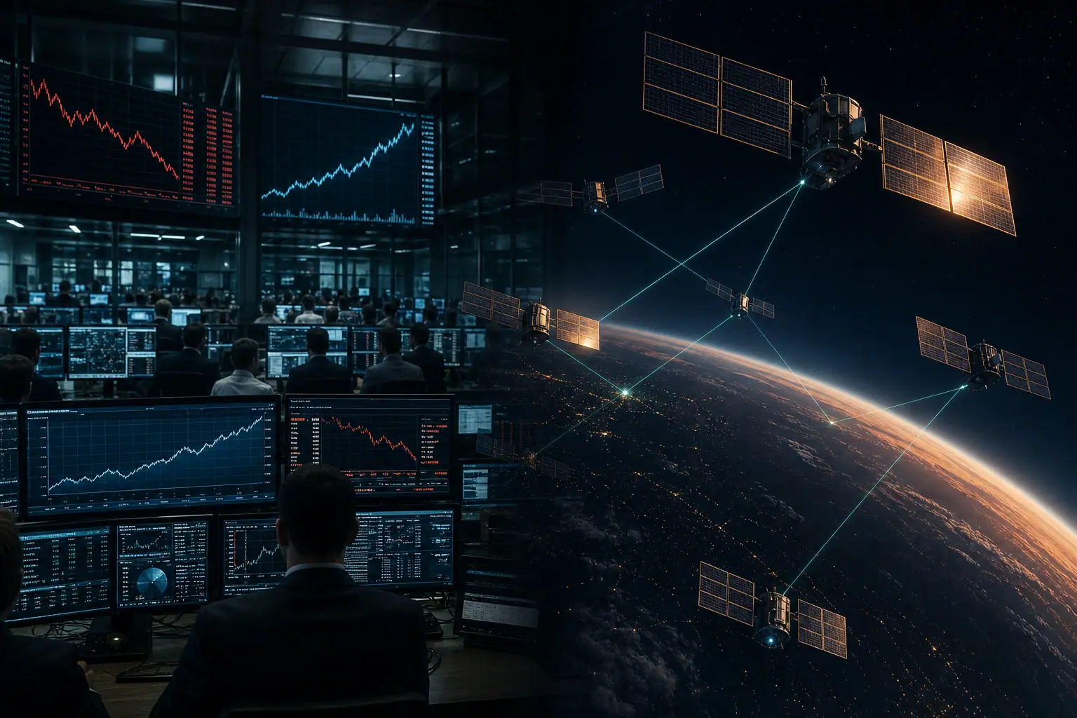 Dual view of trading desks reflecting SpaceX tickers beside a low-Earth-orbit mesh of solar-powered AI satellites linked by laser light