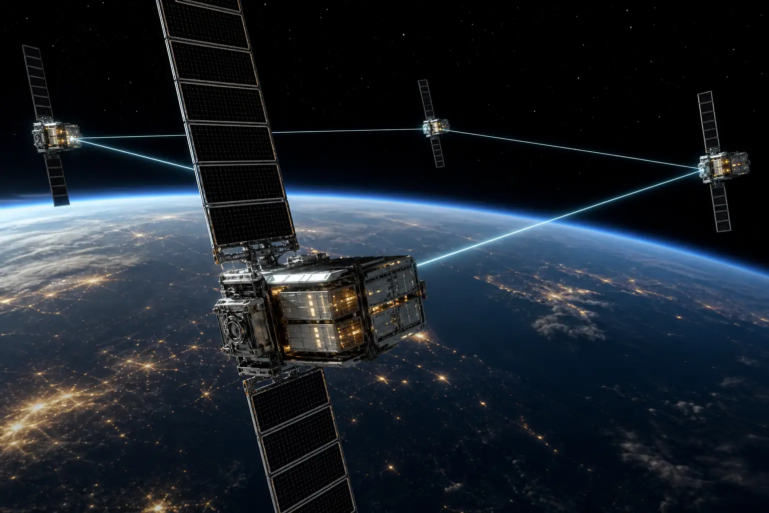 Solar-array AI satellite nodes in low Earth orbit forming a sparse supercomputer mesh above a twilight Earth limb