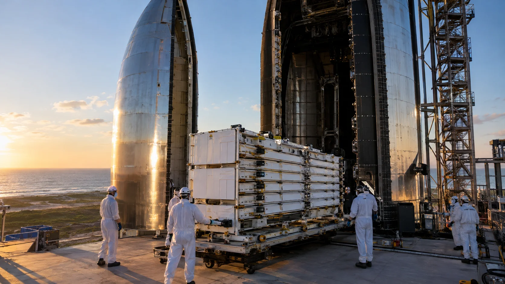 Technicians in clean suits guiding a folded Starlink V3 satellite stack toward a Starship payload bay door at a coastal launch site, late afternoon sun on white composite fairing panels