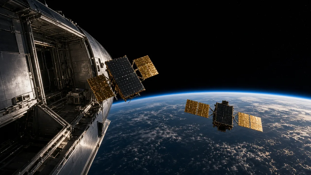 Next-generation broadband satellites unfold solar arrays after leaving a spacecraft bay above Earth's limb at sunrise