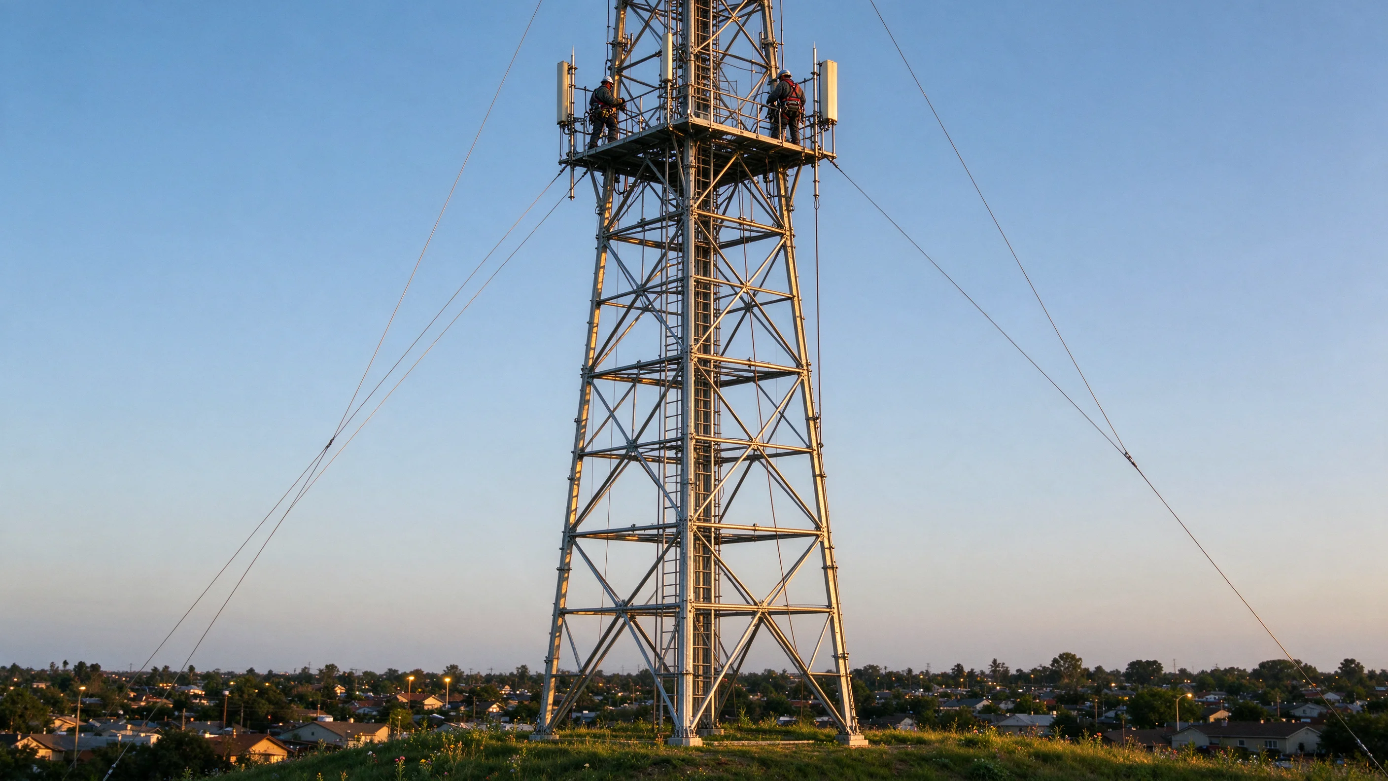 Golden-hour lattice cell tower on a ridgeline with a maintenance crew on the upper section above suburban rooftops