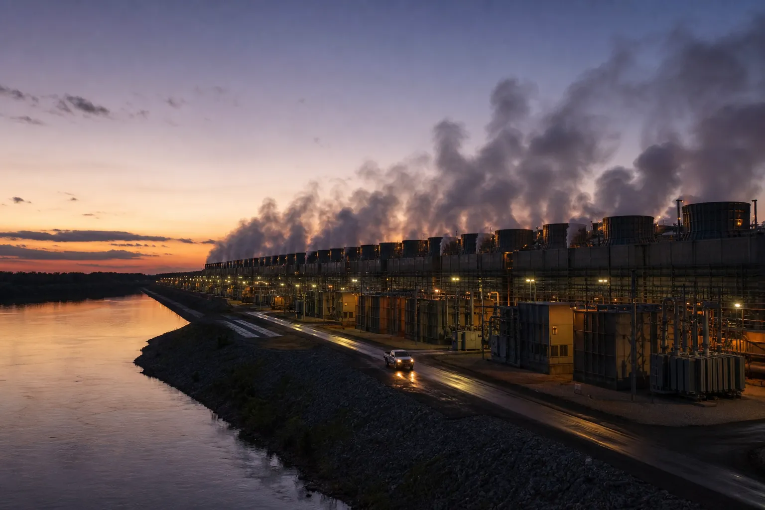 Steam from cooling towers at a riverside data-center campus at dusk, a single maintenance truck small on wet asphalt under amber floodlights
