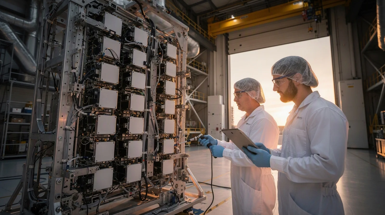 Engineers inspect a dense satellite-payload assembly in a sunlit aerospace integration hall