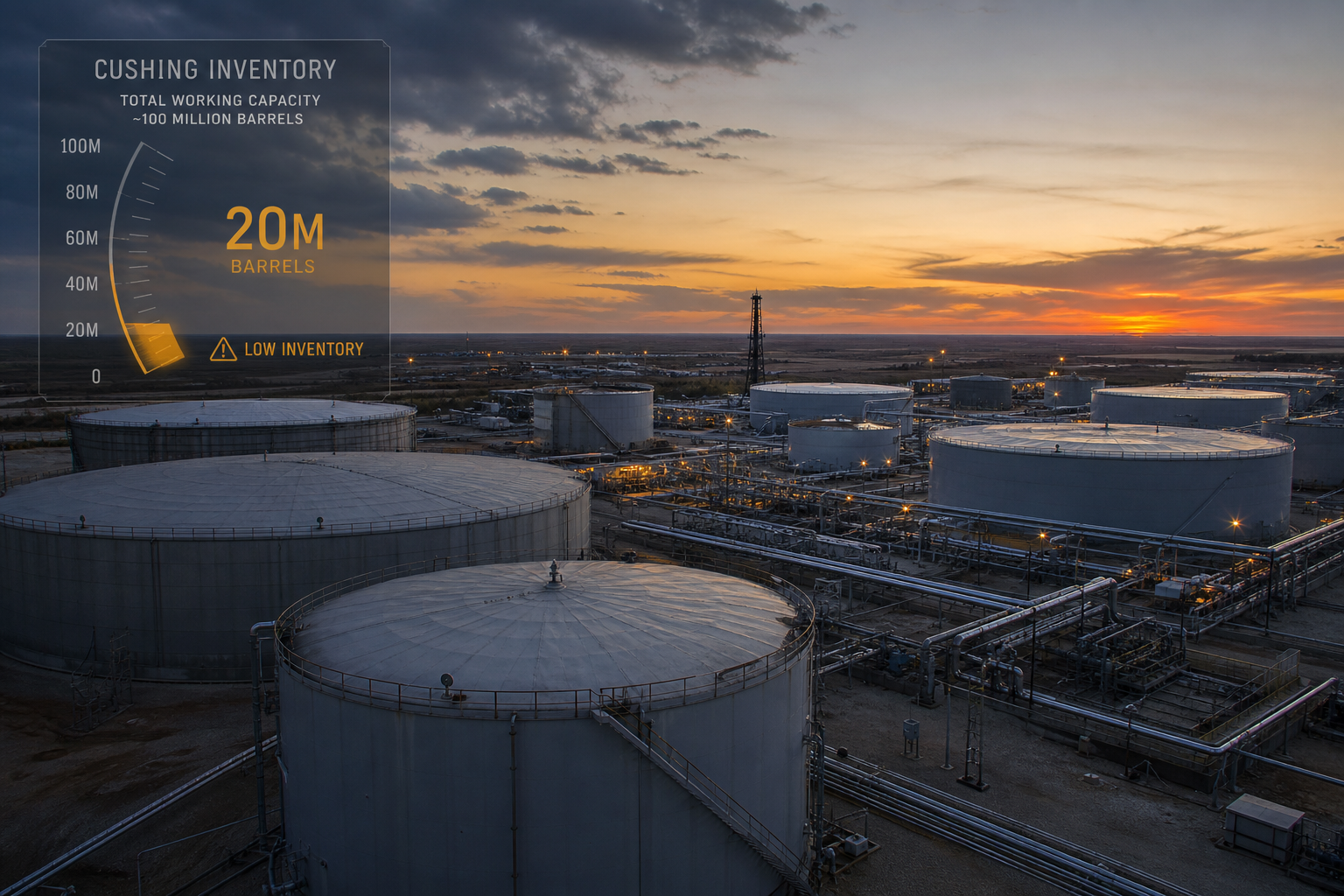 Cushing oil storage tanks at dusk with pipeline infrastructure and a low inventory gauge reading near 20 million barrels