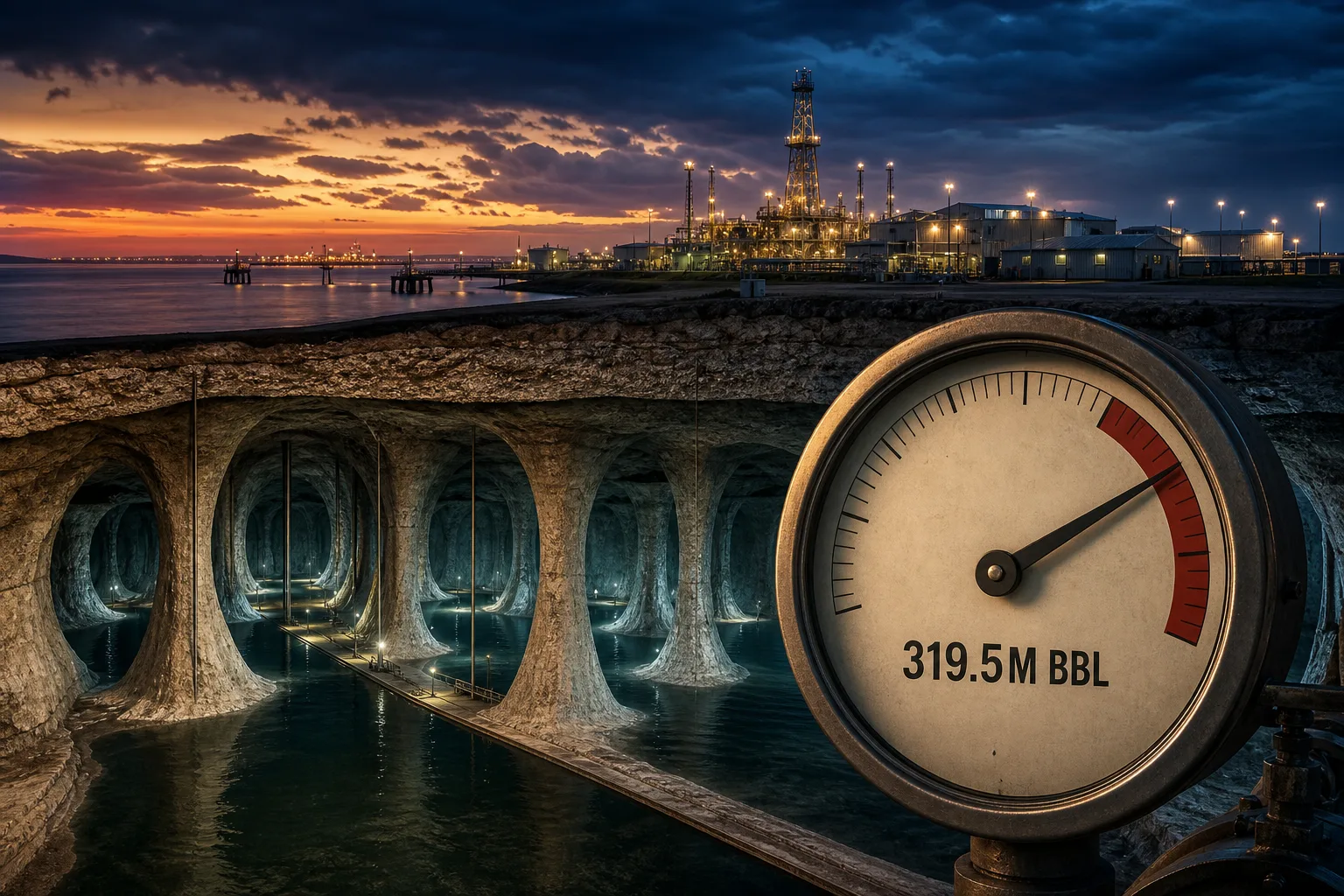 Gulf Coast salt-cavern SPR facility with a gauge showing 319.5 million barrels at a four-decade low beside a dimming emergency reserve indicator