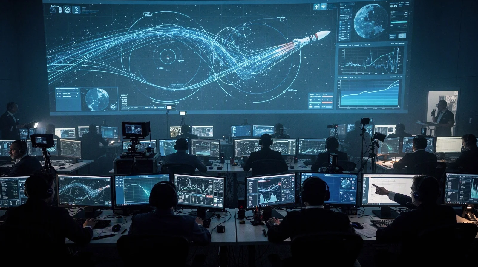 Dim mission control with engineers silhouetted against wall displays showing rocket trajectory curves