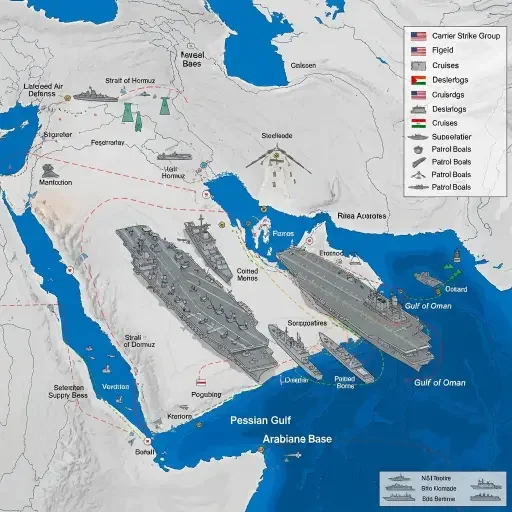 Graphic depicting US carrier strike group positions in the Persian Gulf and Arabian Sea with surrounding military assets