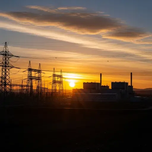 A silhouetted small modular reactor site at sunrise with transmission lines in foreground